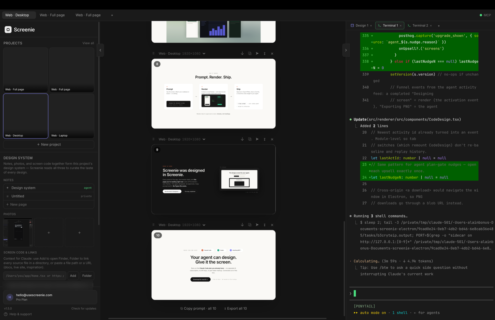 The real Screenie studio: the agent editing Screenie's own code in the built-in terminal while this page's sections sit on the canvas