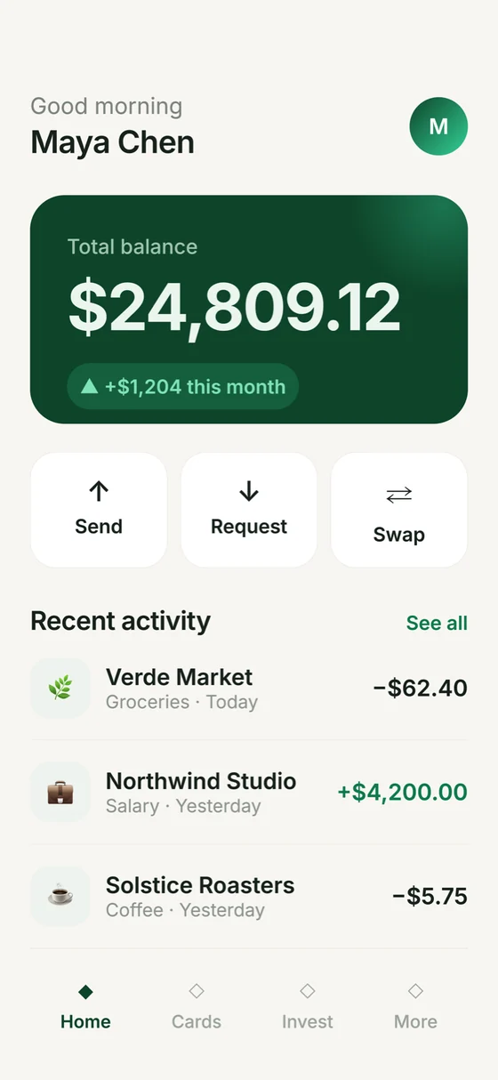 Banking app home screen, light mode, designed in Screenie