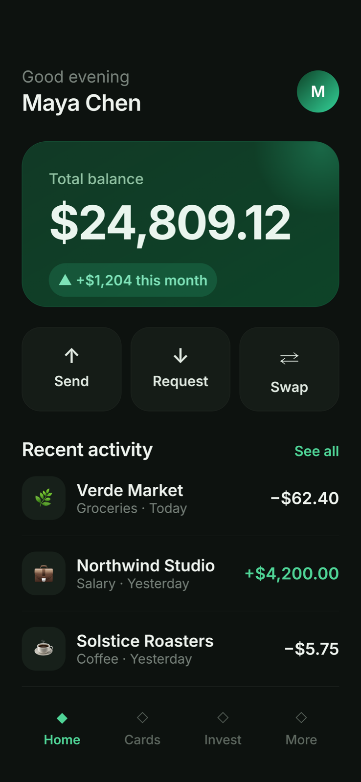 Finance app home screen, dark — designed by an agent in Screenie